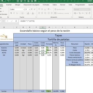 Escandallo básico según el peso de la ración en Excel