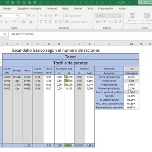 Escandallo básico según número de raciones en excel