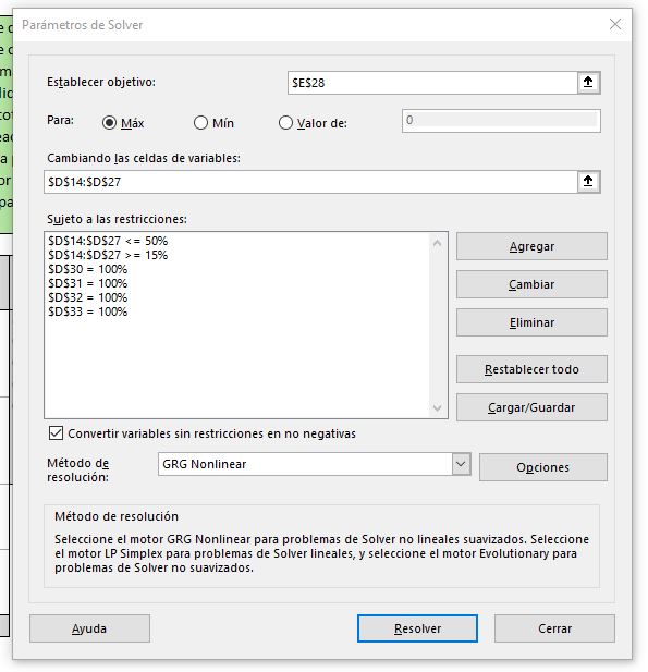 Coste máximo complemento solver de excel II