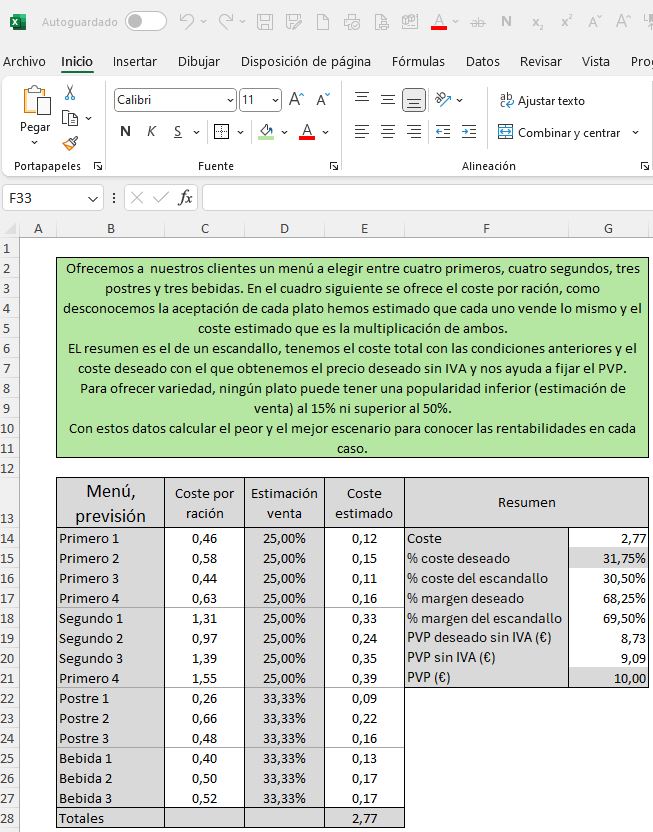 Enunciado complemento solver de Excel II