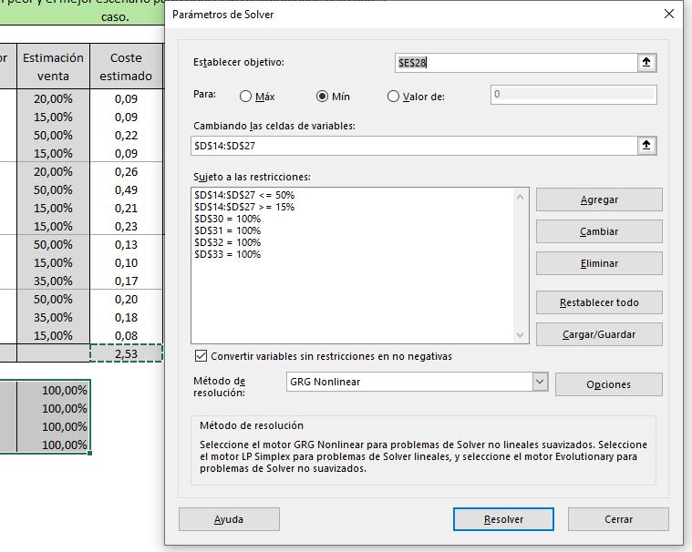 Parámetros del complemento Solver de Excel II, coste mínimo