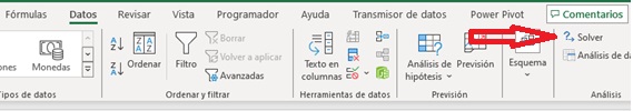 Complemento Solver de Excel instalado en datos